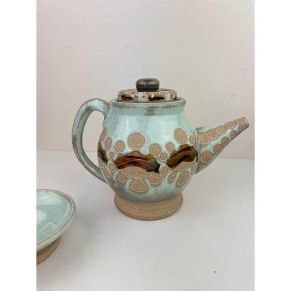 OOAK Blue Beige Ceramic Hand Thrown Pottery Tea Plate Cup Teapot Tea Set 3-Piece - Picture 3 of 12